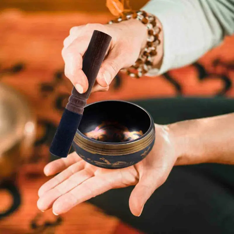 Tibetan Singing Bowl Small 3.1" Black & Gold - Hand Crafted Metal Bowl with Striker | Buddhive