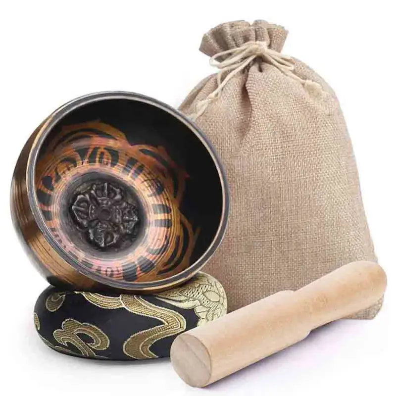 Tibetan Singing Bowl Small 3.1" Black & Gold - Hand Crafted Metal Bowl with Striker | Buddhive