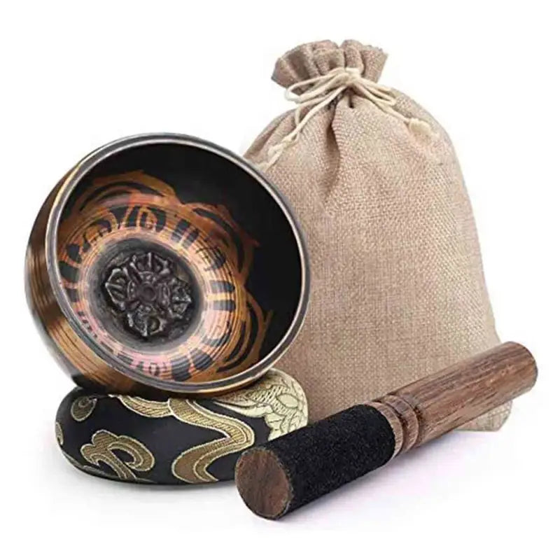 Tibetan Singing Bowl Small 3.1" Black & Gold - Hand Crafted Metal Bowl with Striker | Buddhive