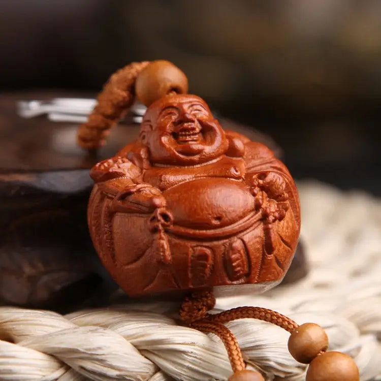 Laughing Buddha Keychain - Peach Wood Hand-Carved - Good Luck & Joy Symbol | Buddhive