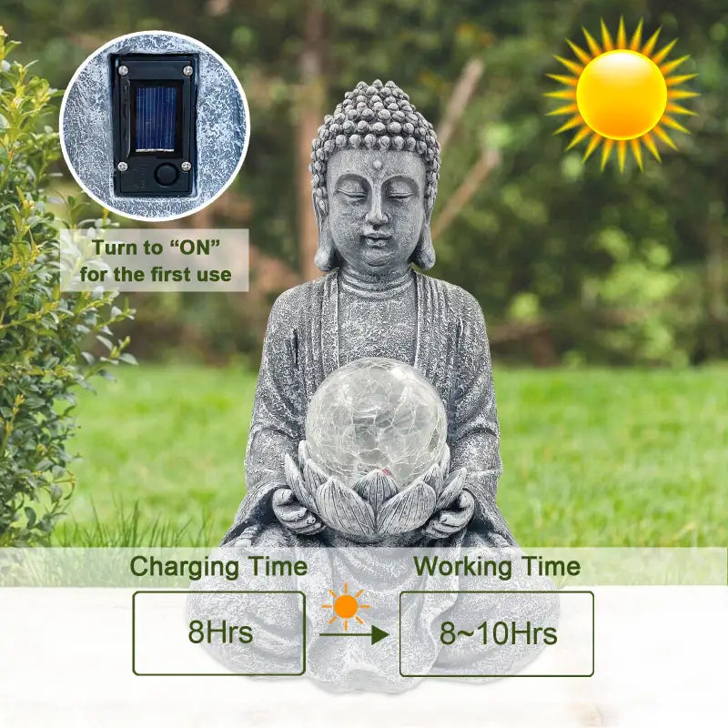 Solar Buddha Statue with Glass Orb - Garden Meditation Sculpture with Lotus Flower | Buddhive