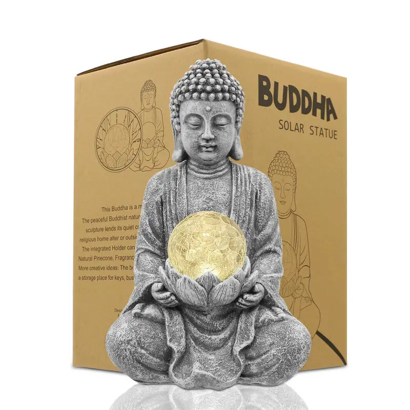 Solar Buddha Statue with Glass Orb - Garden Meditation Sculpture with Lotus Flower | Buddhive