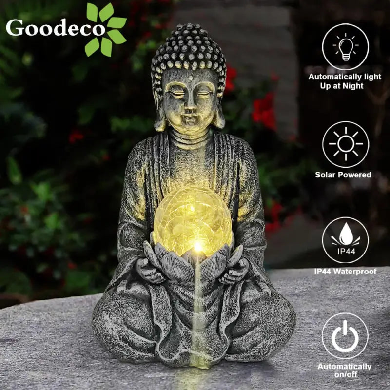 Solar Buddha Statue with Glass Orb - Garden Meditation Sculpture with Lotus Flower | Buddhive