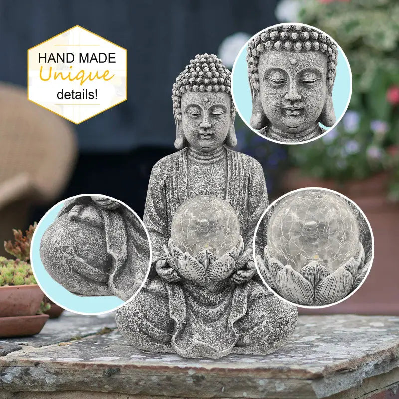 Solar Buddha Statue with Glass Orb - Garden Meditation Sculpture with Lotus Flower | Buddhive