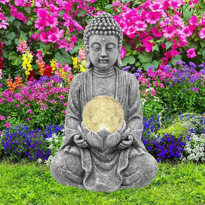 Solar Buddha Statue with Glass Orb - Garden Meditation Sculpture with Lotus Flower | Buddhive