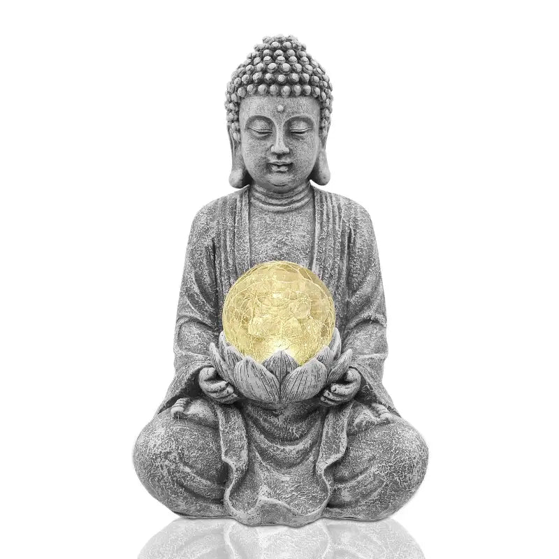 Solar Buddha Statue with Glass Orb - Garden Meditation Sculpture with Lotus Flower | Buddhive