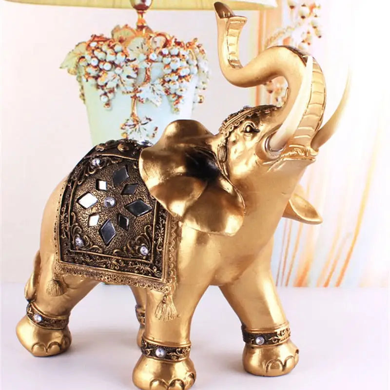 Golden Elephant Statue Feng Shui Decor - Asian Resin Figurine for Wisdom & Strength | Buddhive