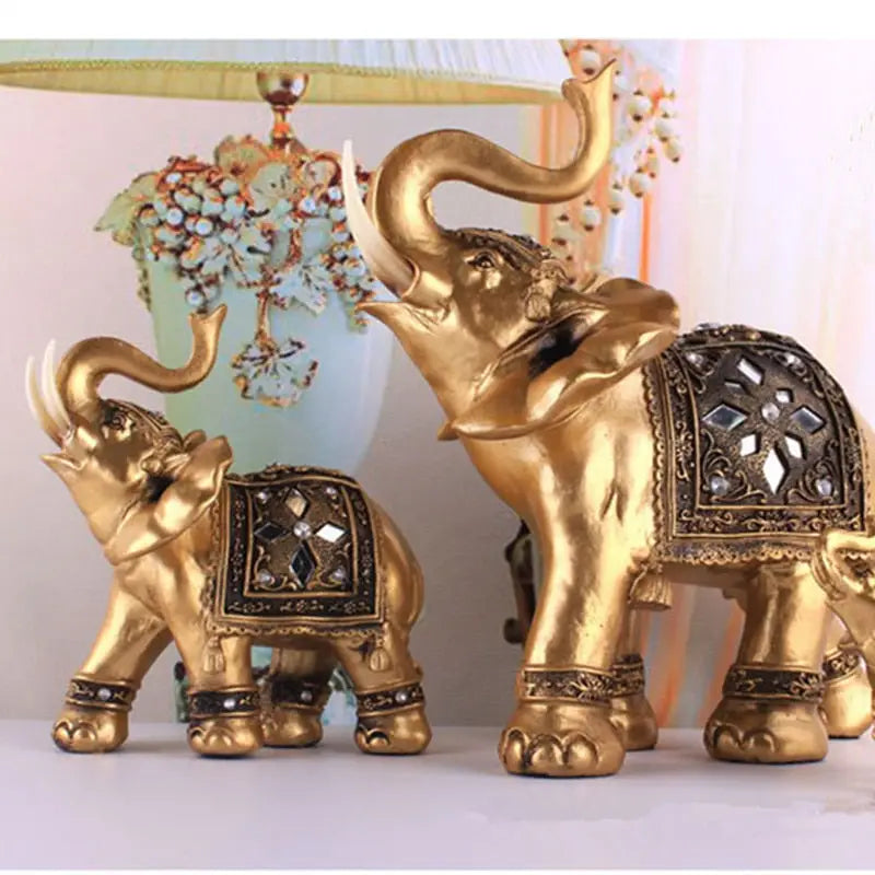Golden Elephant Statue Feng Shui Decor - Asian Resin Figurine for Wisdom & Strength | Buddhive