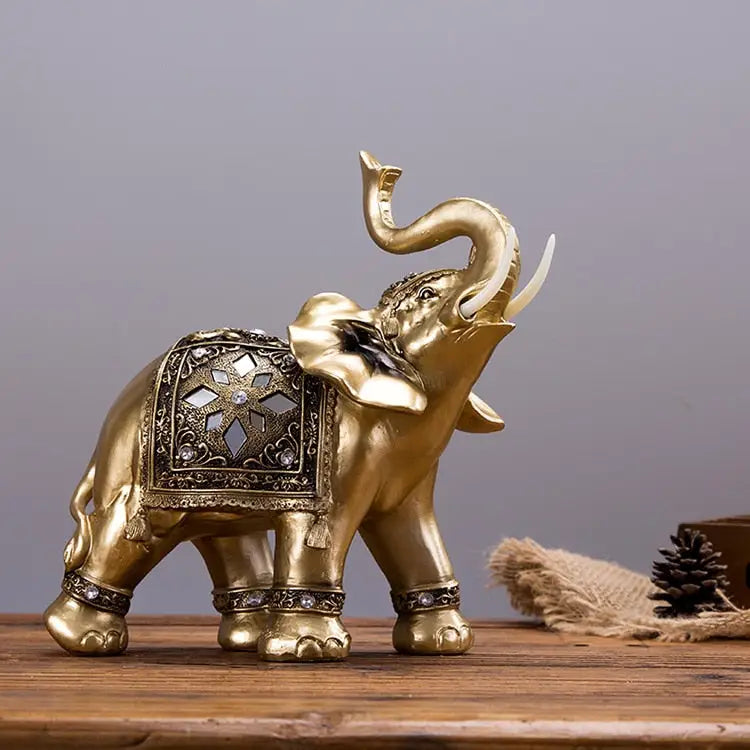 Golden Elephant Statue Feng Shui Decor - Asian Resin Figurine for Wisdom & Strength | Buddhive