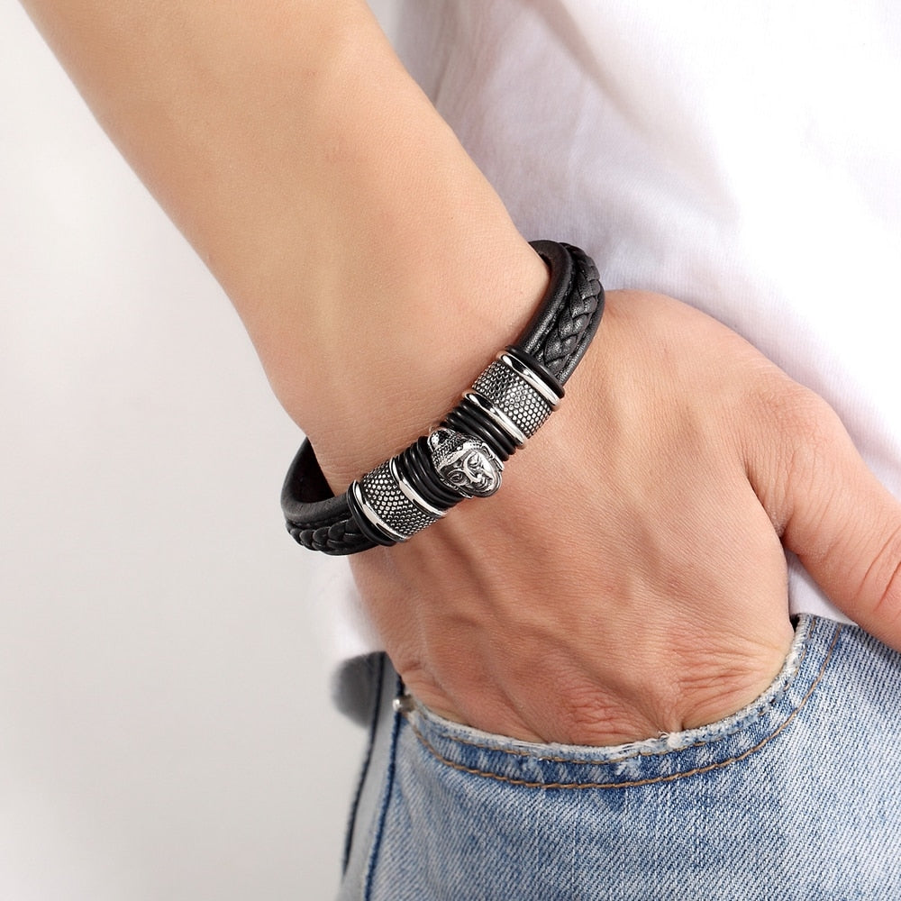 Braided Leather & Buddha Head Steel Bracelet