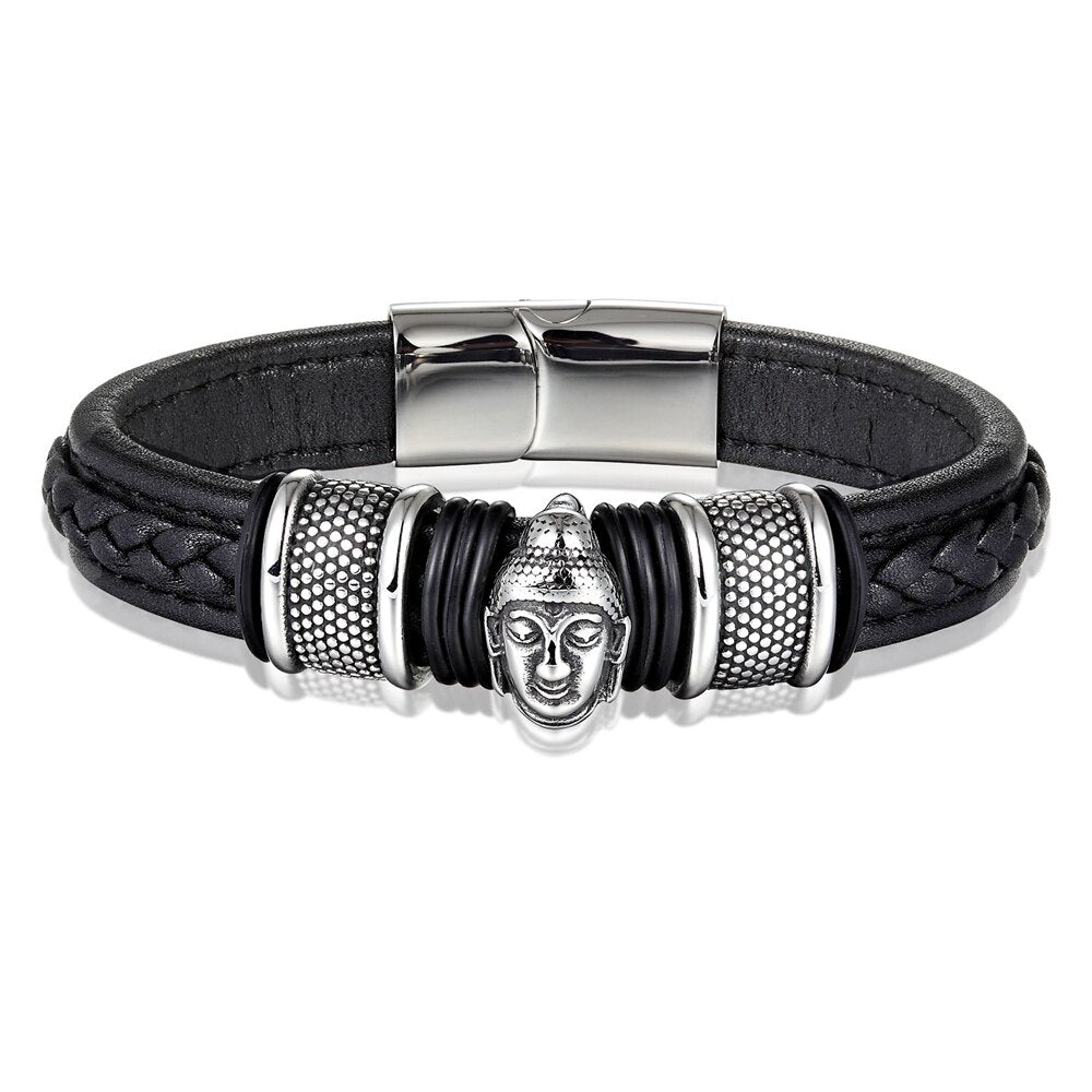 Braided Leather & Buddha Head Steel Bracelet