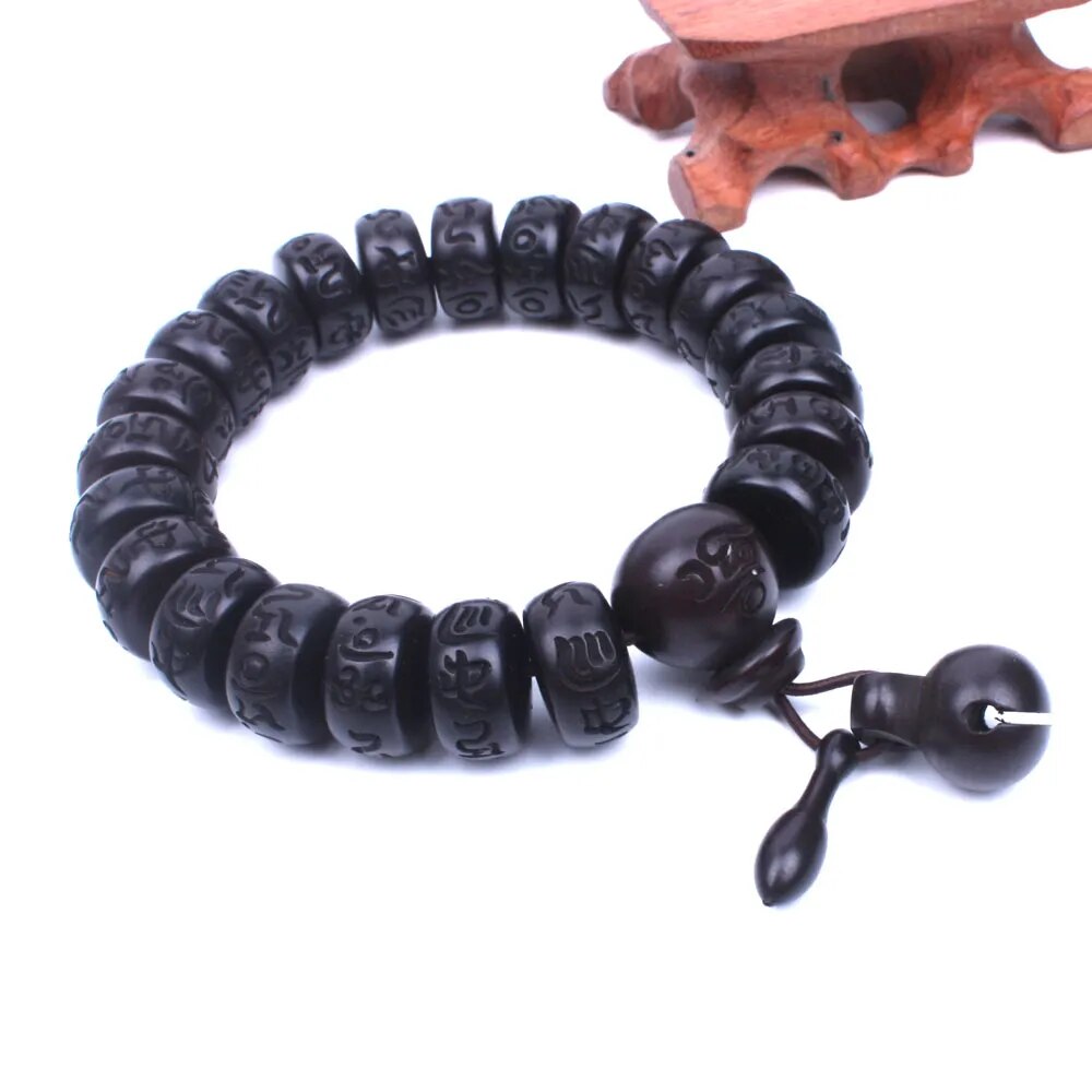 Engraved Wooden Bead Mala Bracelet