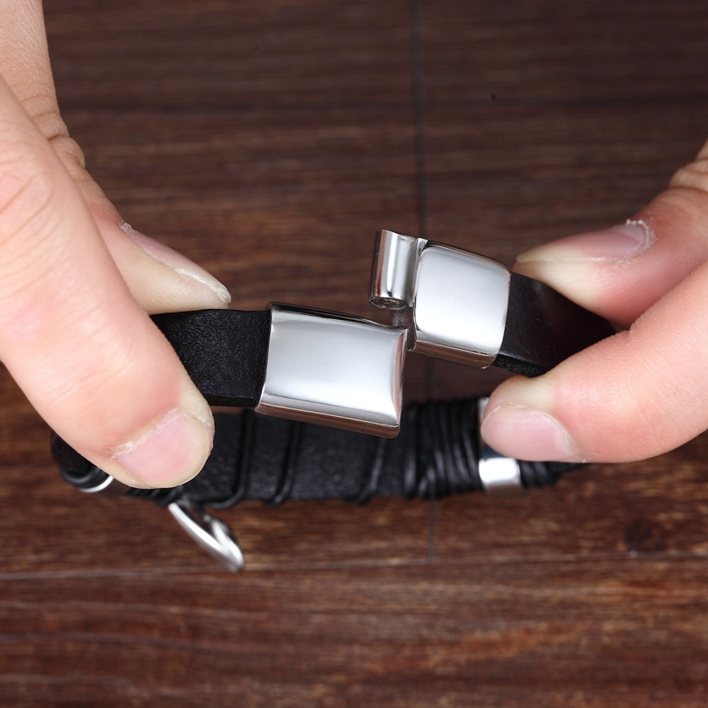 Braided Leather & Buddha Head Steel Bracelet