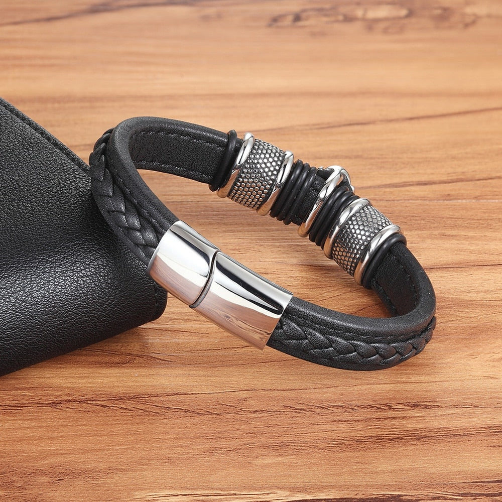 Braided Leather & Buddha Head Steel Bracelet