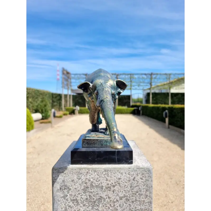 Elephant Cast Iron on Marble Pedestal Statue