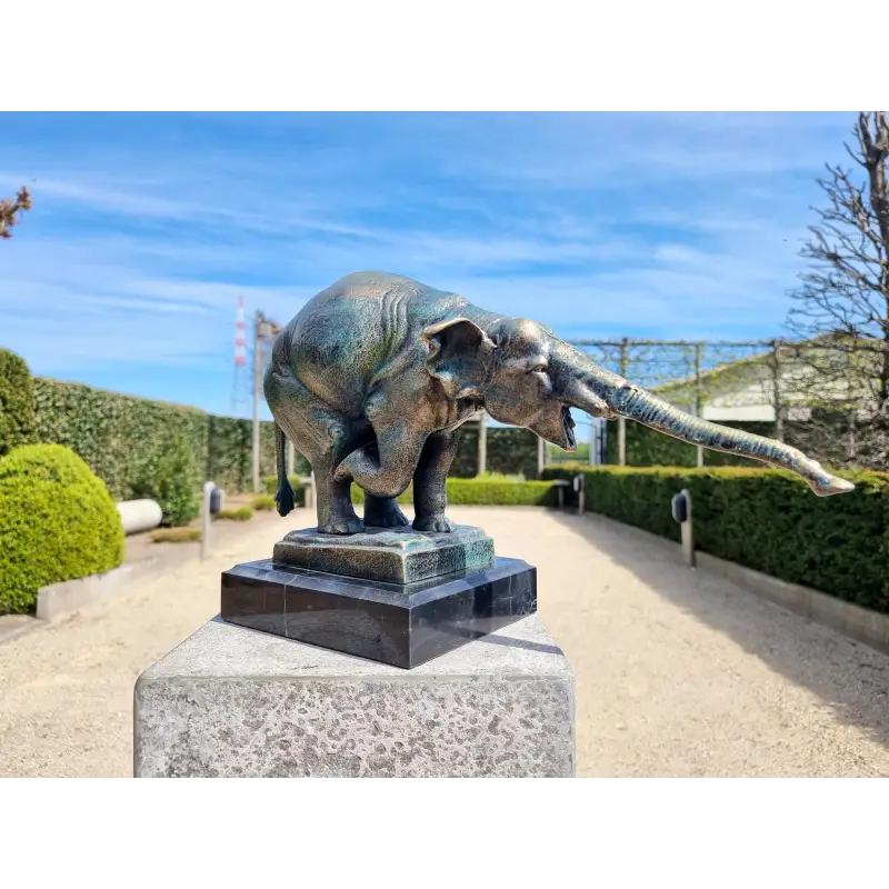 Elephant Cast Iron on Marble Pedestal Statue