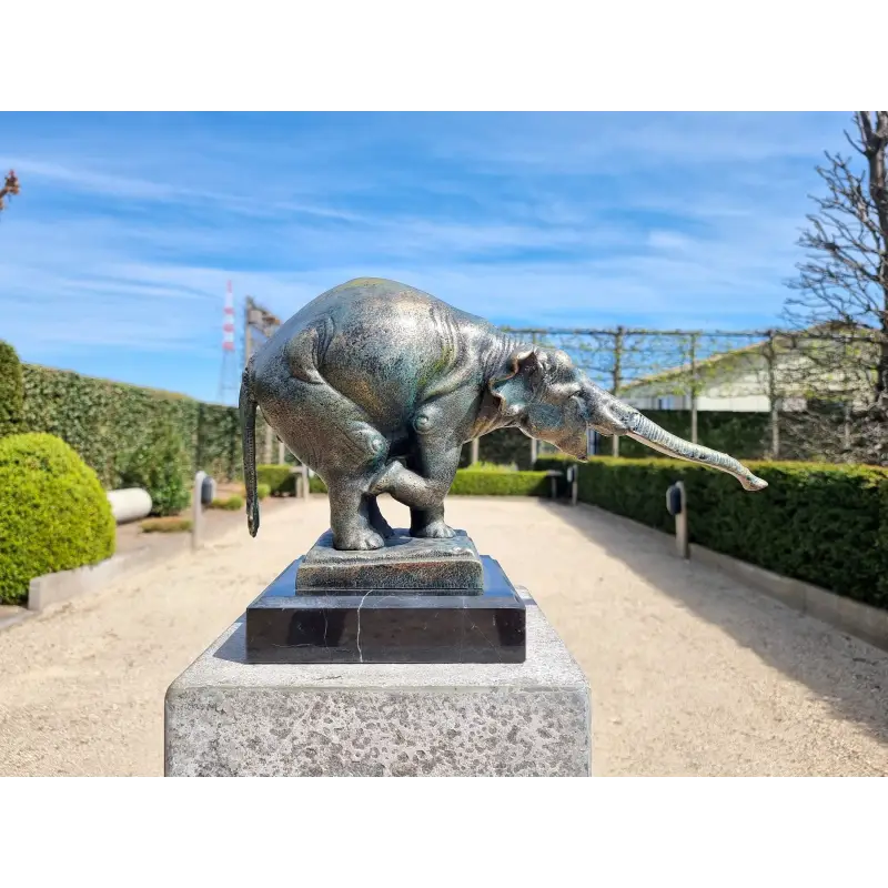 Elephant Cast Iron on Marble Pedestal Statue